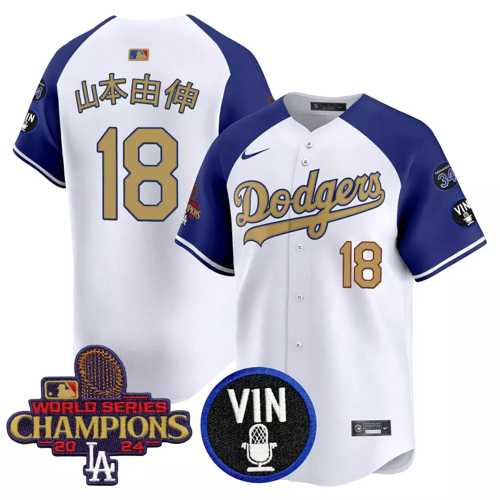 Men'S Dodgers White And Blue 2024 Yamamoto 18 Stitched Jersey With Vin Patch