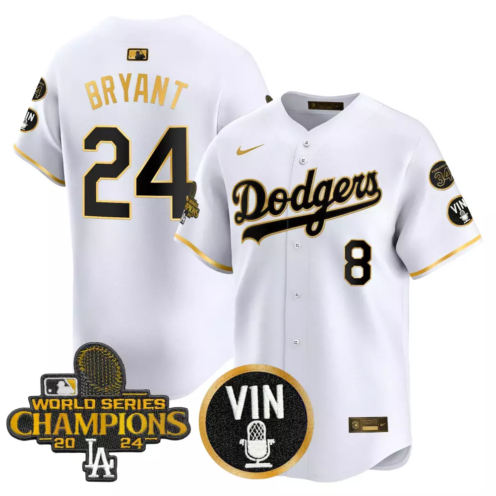 Men'S Dodgers White Stitched Jersey Name Patch Vin 34 Bryant 24 2024 Limited Edition