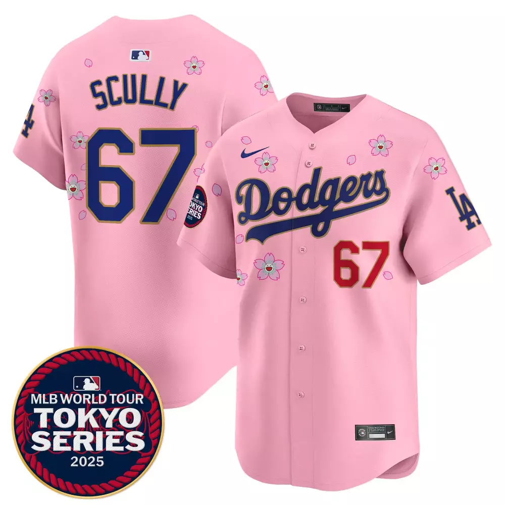 Men'S Pink Dodgers 2025 Tokyo Series Stitched Jersey Scully 67 Name Patch