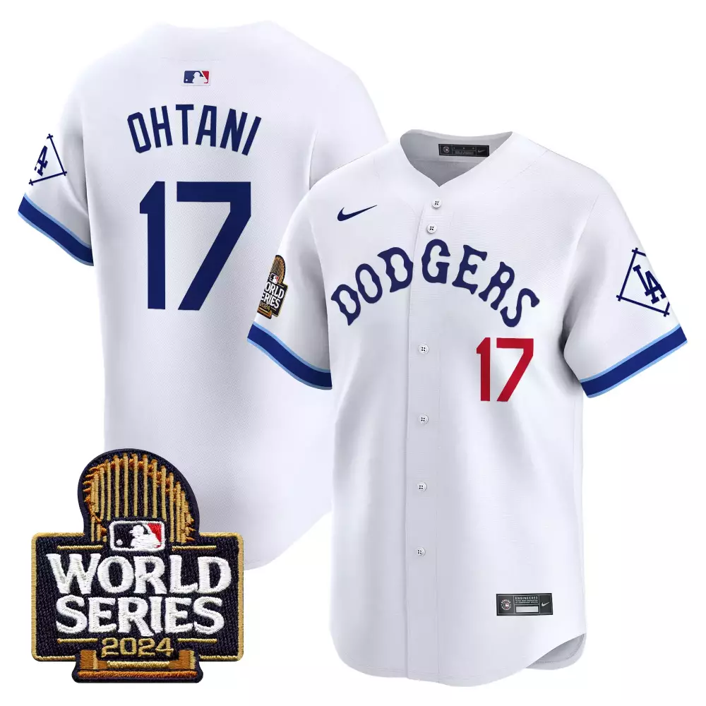 Men'S Stitched Dodgers 2024 World Series Jersey White Ohtani 17 Name Patch