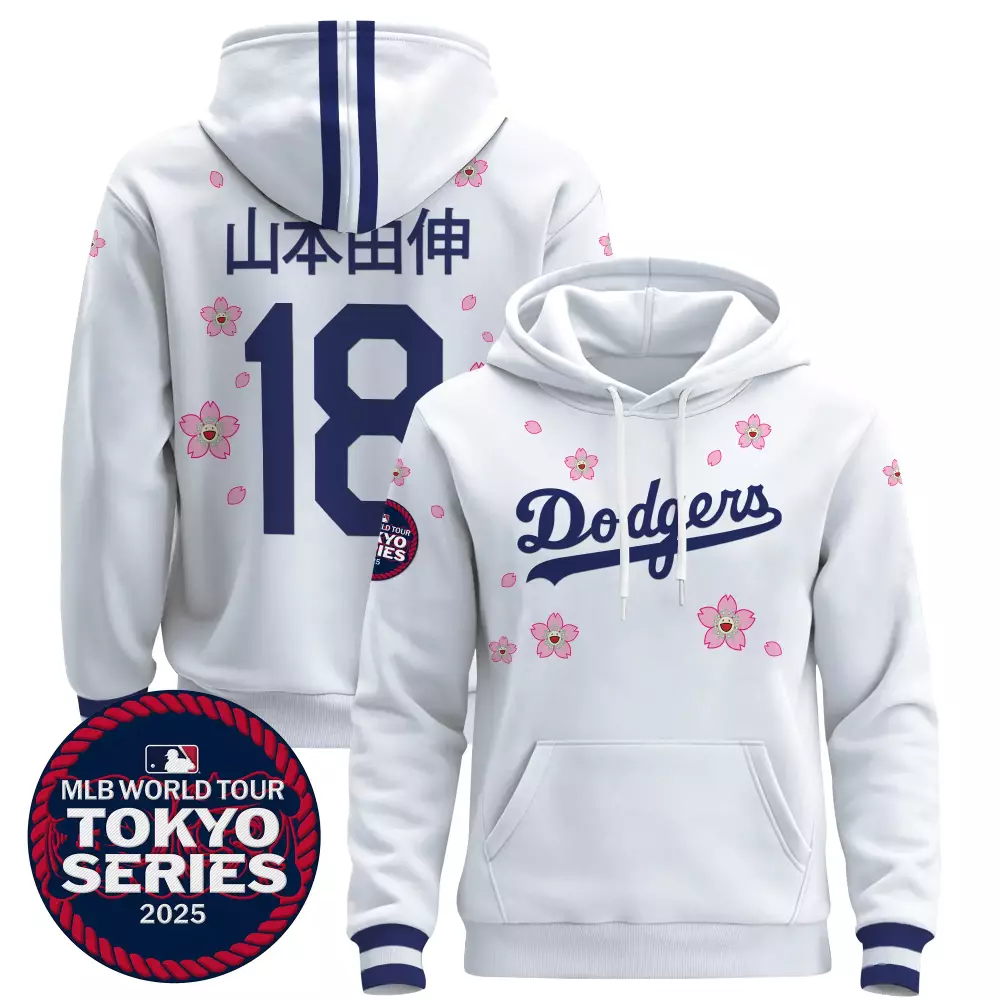 Men'S Stitched Dodgers Tokyo Series 2025 Hoodie White Yamamoto 18 Name Patch