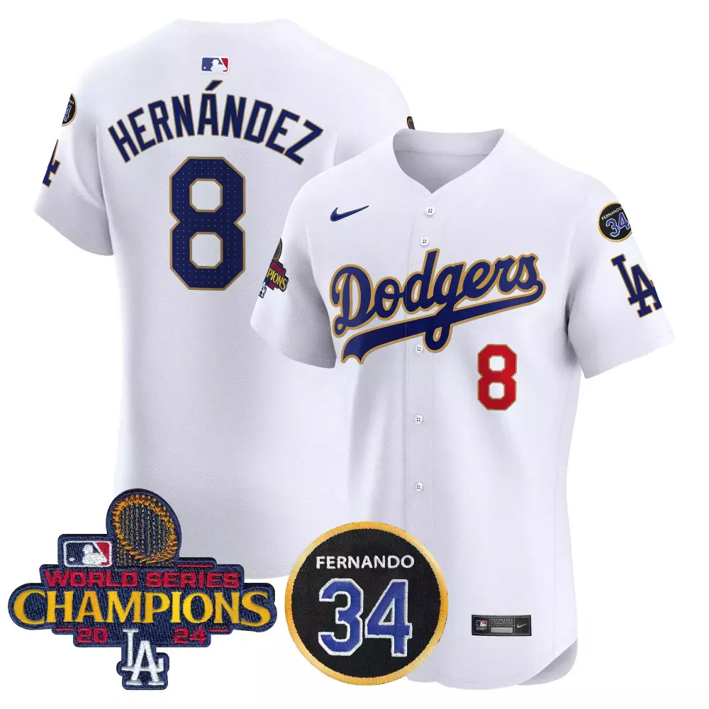 Men'S Stitched Dodgers White Jersey 2024 World Series Champions Kike Hernandez 8 34 Name Patch