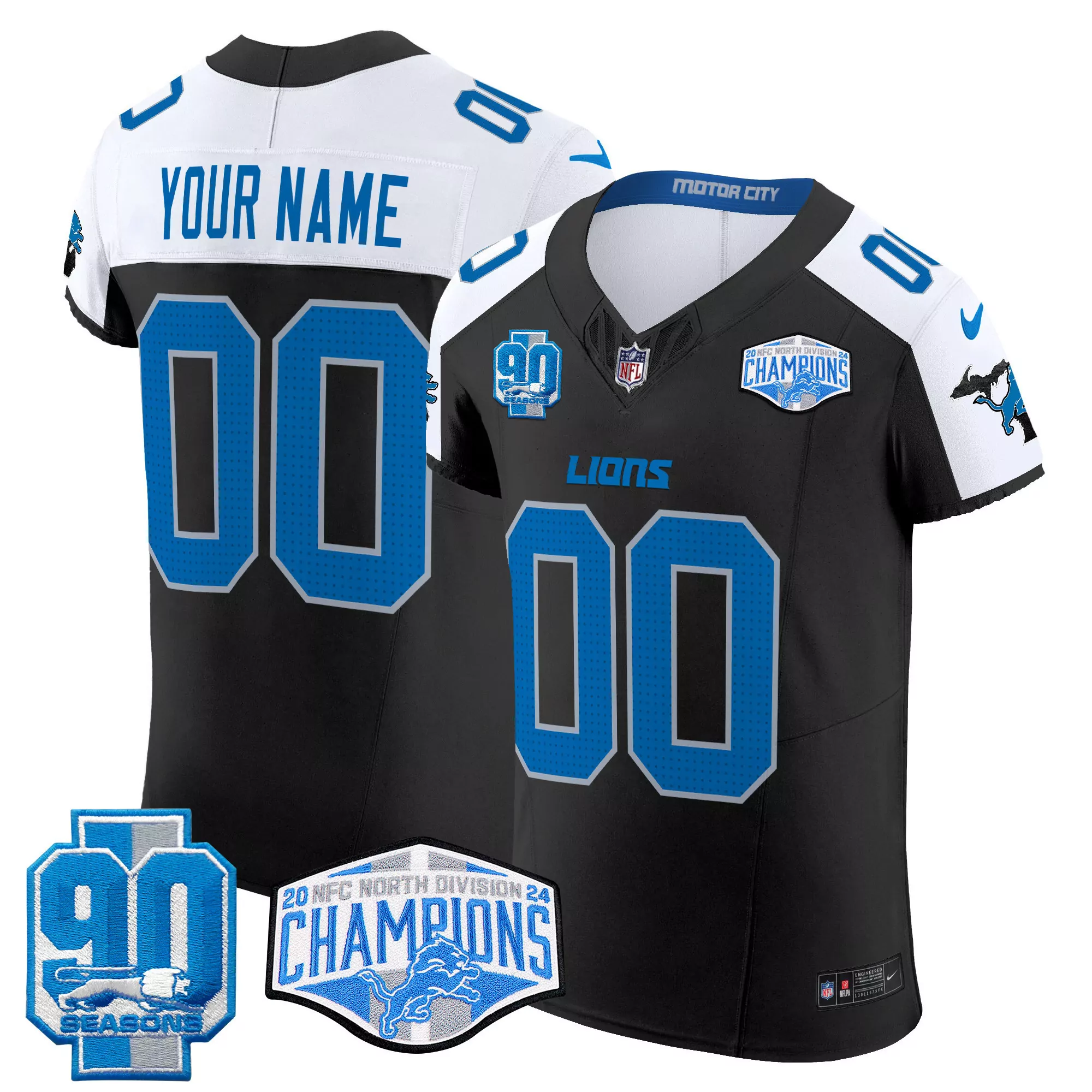Men'S Stitched Jersey Detroit Lions Black 2024 Nfc North Division Champions Name Patch 00