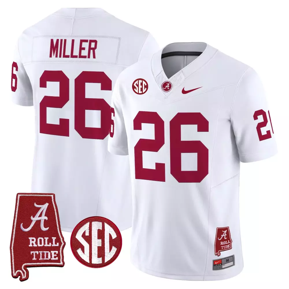 Miller 26 Alabama Crimson Tide 2023 White Stitched Jersey | Name Patch | Game Day Outfit for Men, Women & Youth