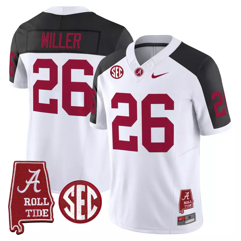 Miller 26 Alabama Crimson Tide 2022 Stitched Jersey | White & Black Name Patch | Game Day Outfit | For Men, Women & Youth