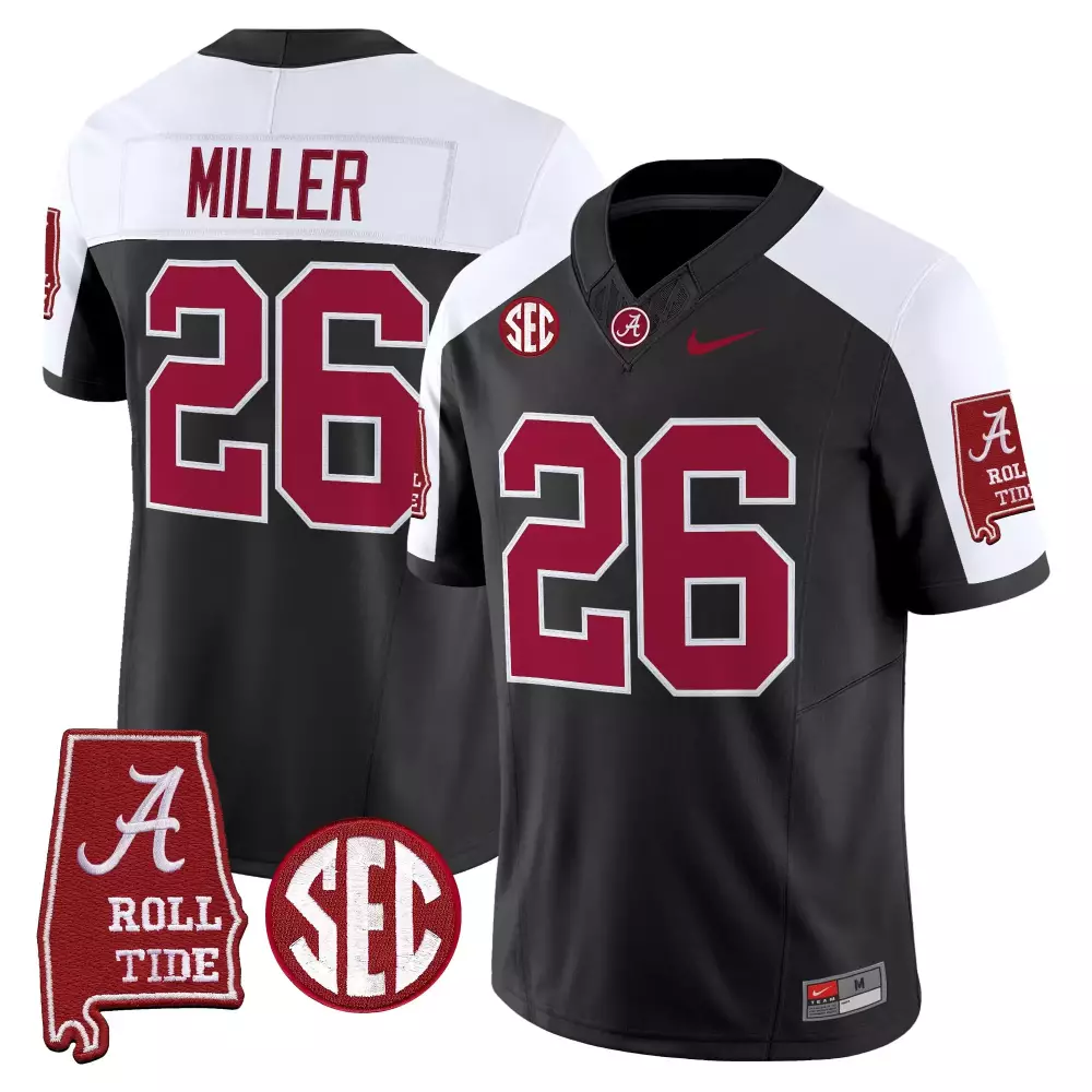 Miller 26 Alabama Crimson Tide Black Stitched Vapor Jersey | 2023 SEC Patch | Game Day Outfit | For Men, Women & Youth