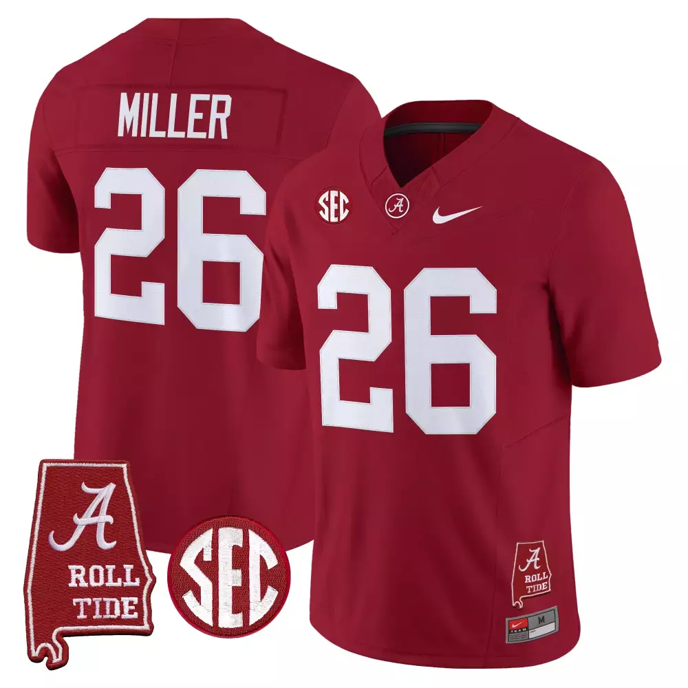 Miller 26 Alabama Crimson Tide Stitched Jersey | 2025 Red Name Patch | Game Day Outfit | For Men, Women & Youth
