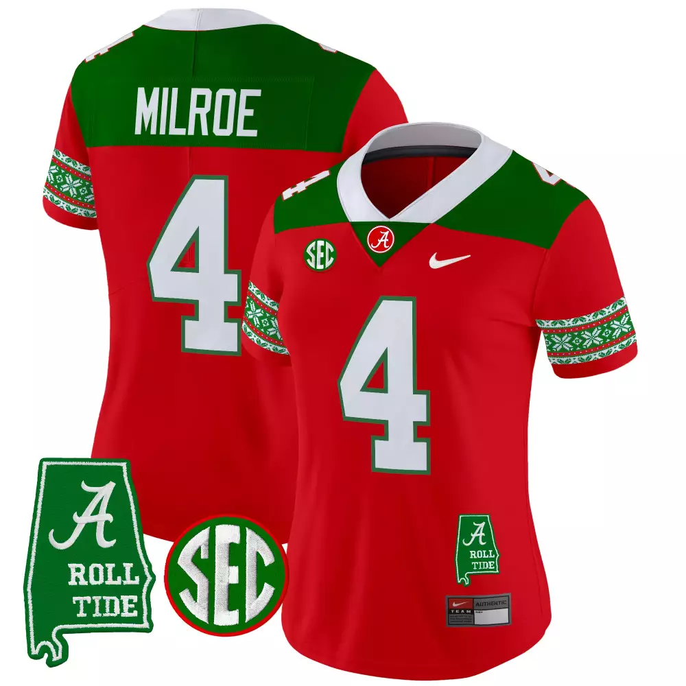 Milroe 4 Alabama Crimson Tide 2024 Christmas Jersey | Stitched Red | Limited Edition Fan Gear | For Men, Women & Youth
