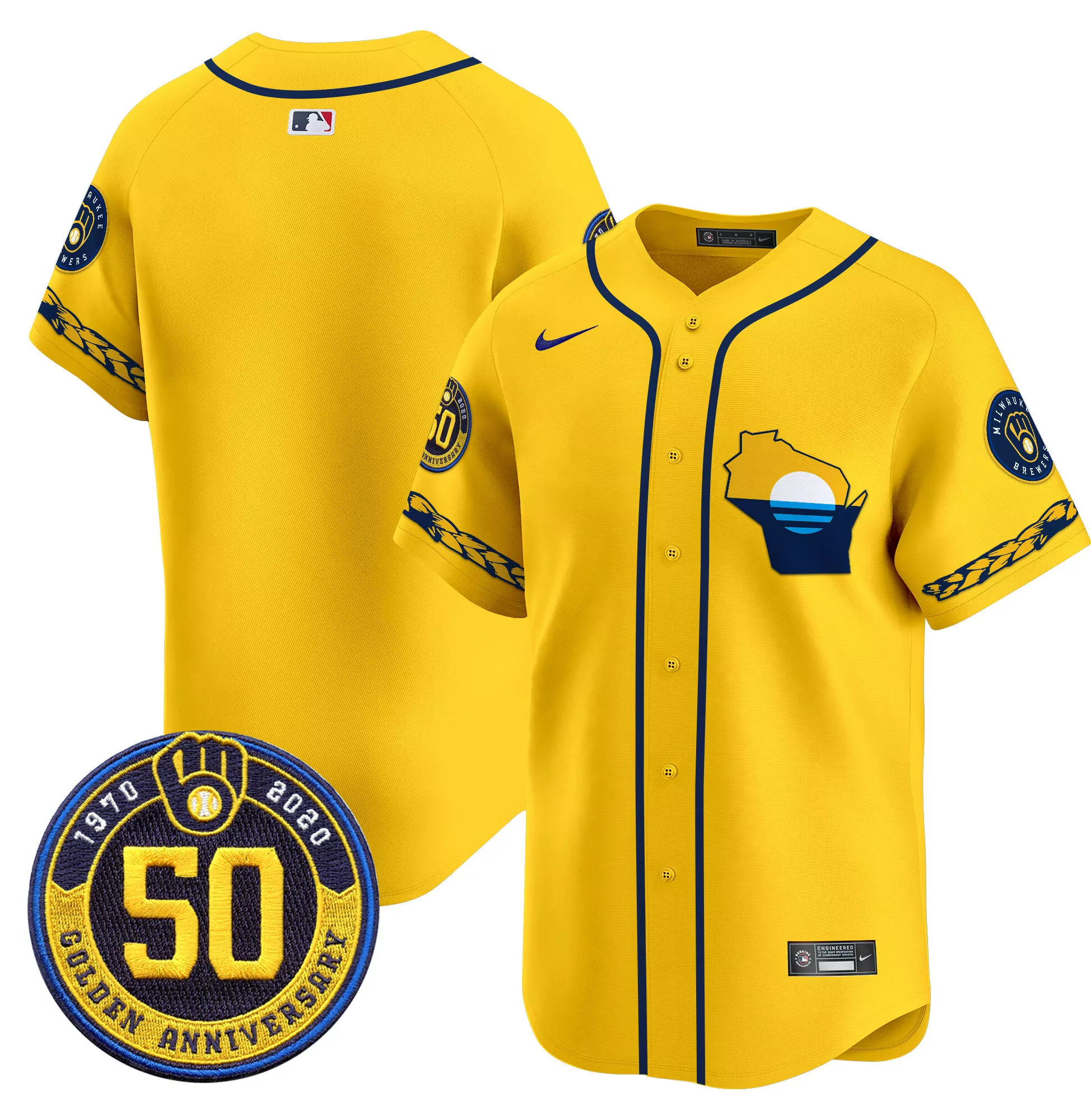 Milwaukee Brewers Men'S Yellow Stitched Jersey 50Th Anniversary Name Patch 2020
