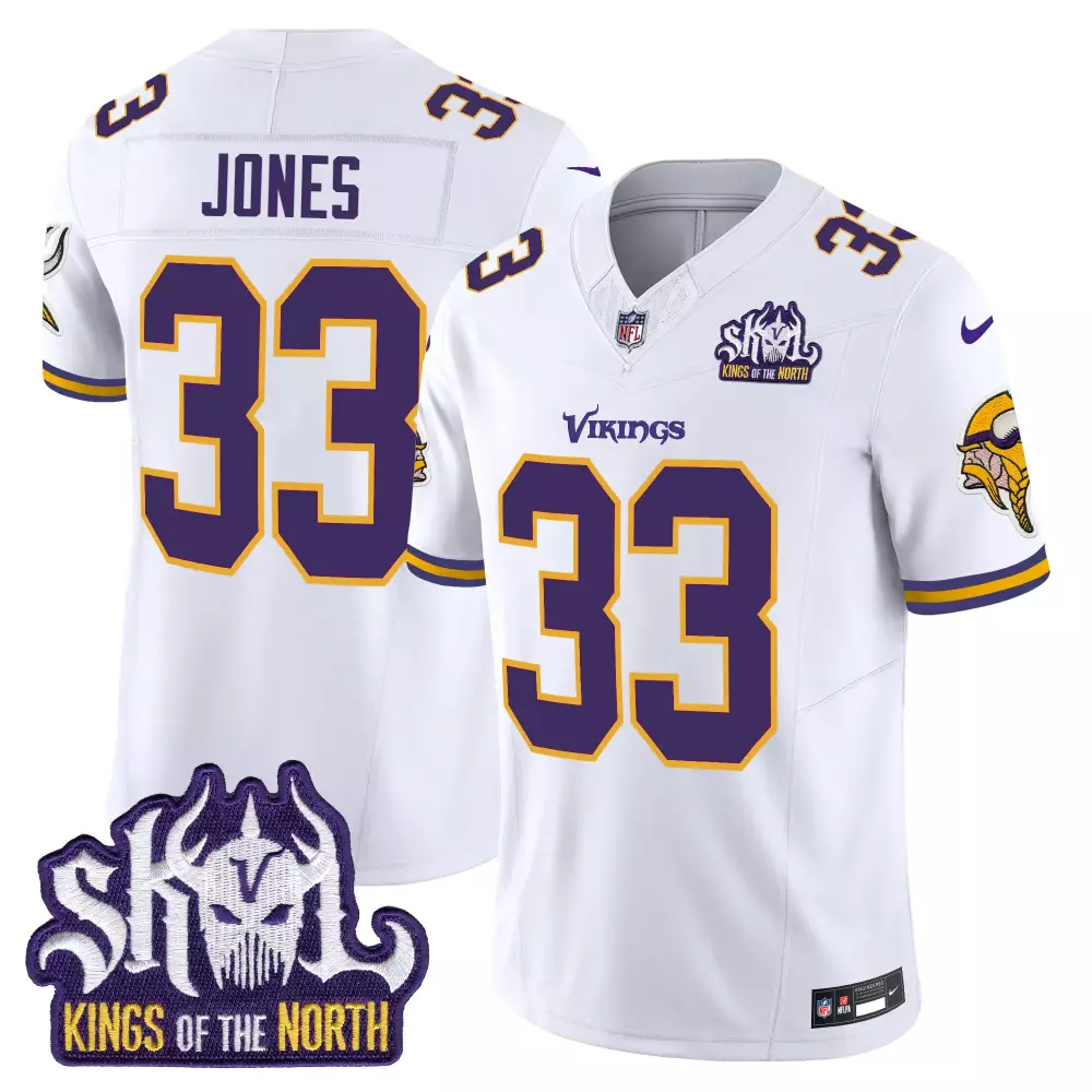Aaron Jones Minnesota Vikings 2023 White All Stitched Jersey | Kings Of The North Style for Men, Women & Youth