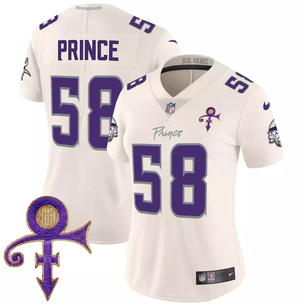 Prince 58 Minnesota Vikings Women's 2024 Stitched Jersey | White Name Patch | Limited Edition Fan Gear | For Men, Women & Youth