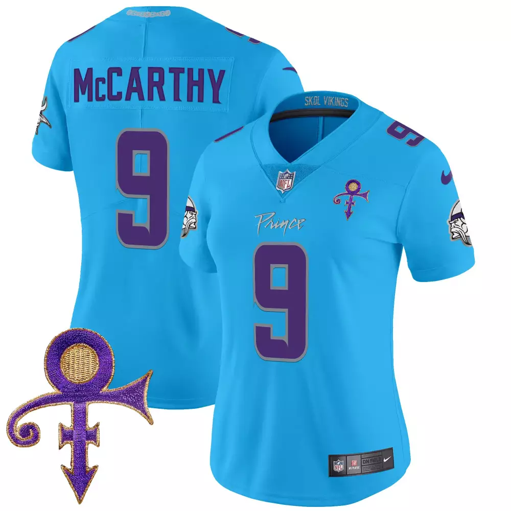McCarthy 9 Minnesota Vikings Women's Stitched Jersey | 2024 Prince Alternate Blue | Game Day Outfit | For Men, Women & Youth