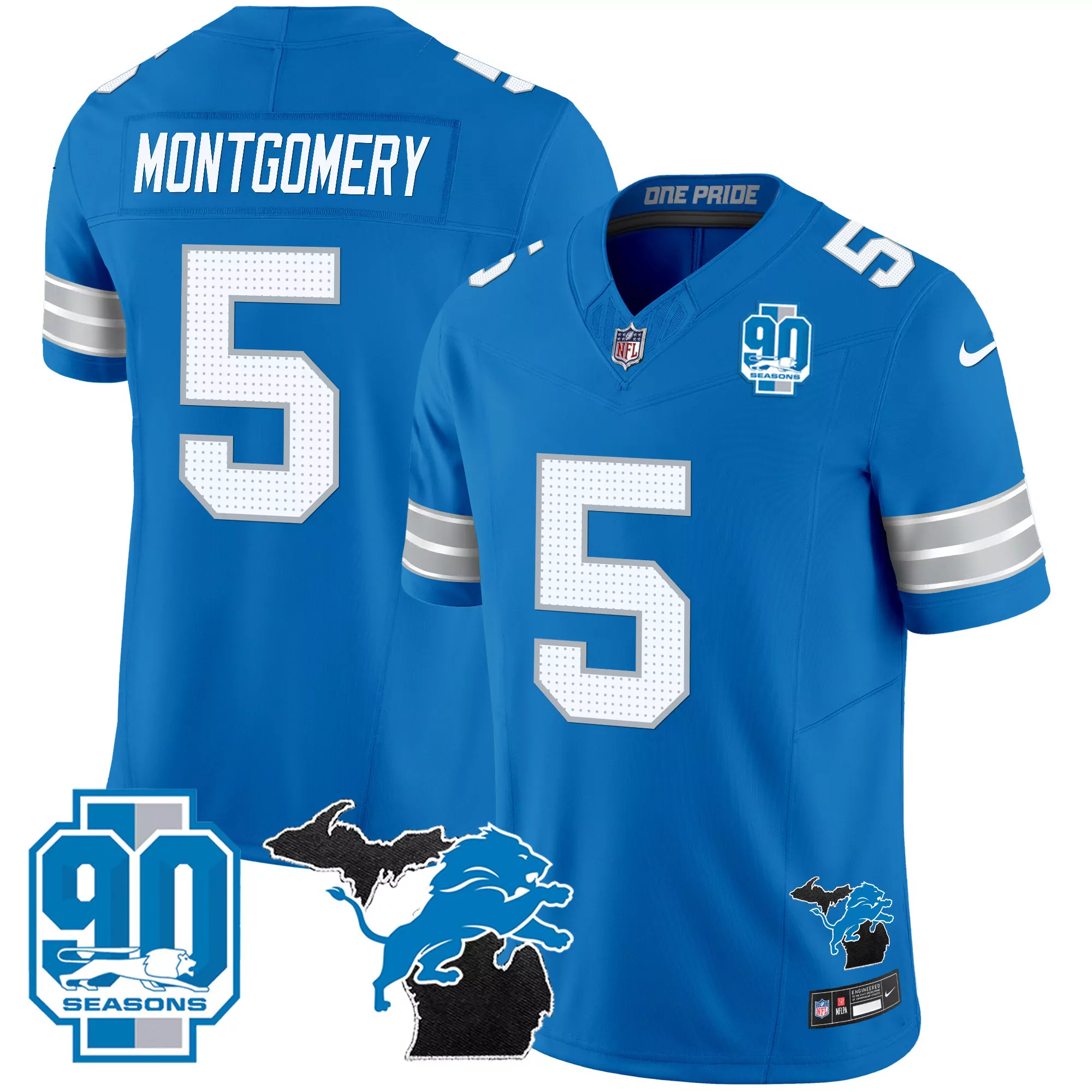 Montgomery 5 Men'S Stitched Jersey Blue With 90 Seasons Patch Detroit Lions 2025