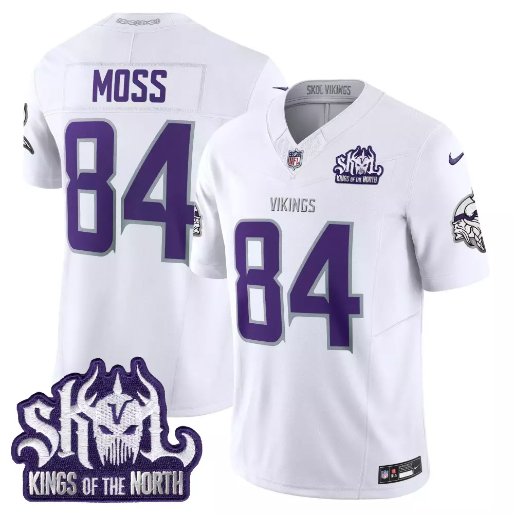 Moss 84 Minnesota Vikings 2023 Men's White All Stitched Jersey | Kings of the North Patch | Limited Edition Fan Gear | For Men