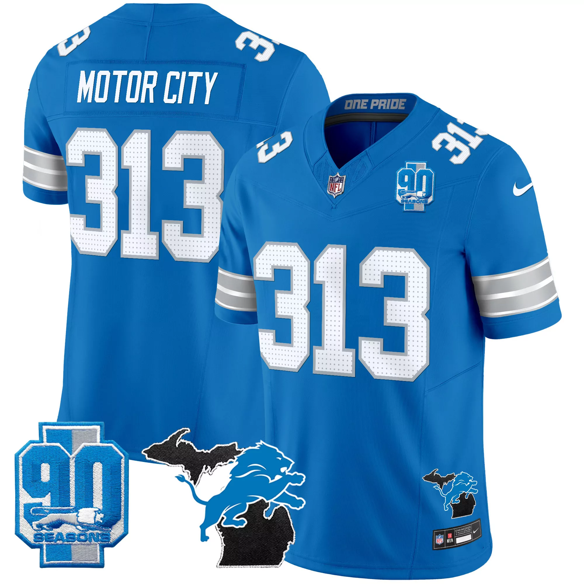 Motor City 313 Stitched Men'S Jersey Detroit Lions Blue 90 Seasons Patch