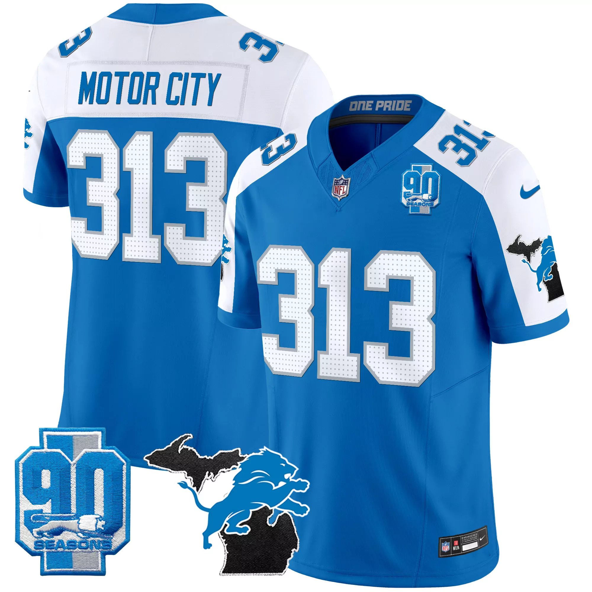 Motor City Men'S Stitched Jersey Blue Detroit Lions 90 Seasons Patch 313