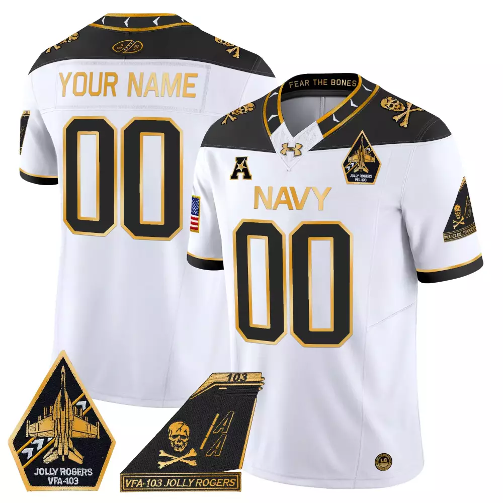 Navy Midshipmen White Custom All Stitched Jersey Women 2024 Jolly Rogers Name Patch