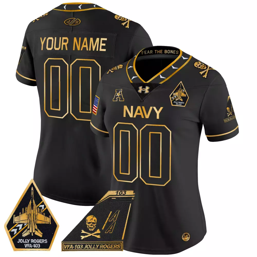 Navy Midshipmen Women'S Black 2024 Jolly Rogers All Stitched Custom Jersey Name Patch