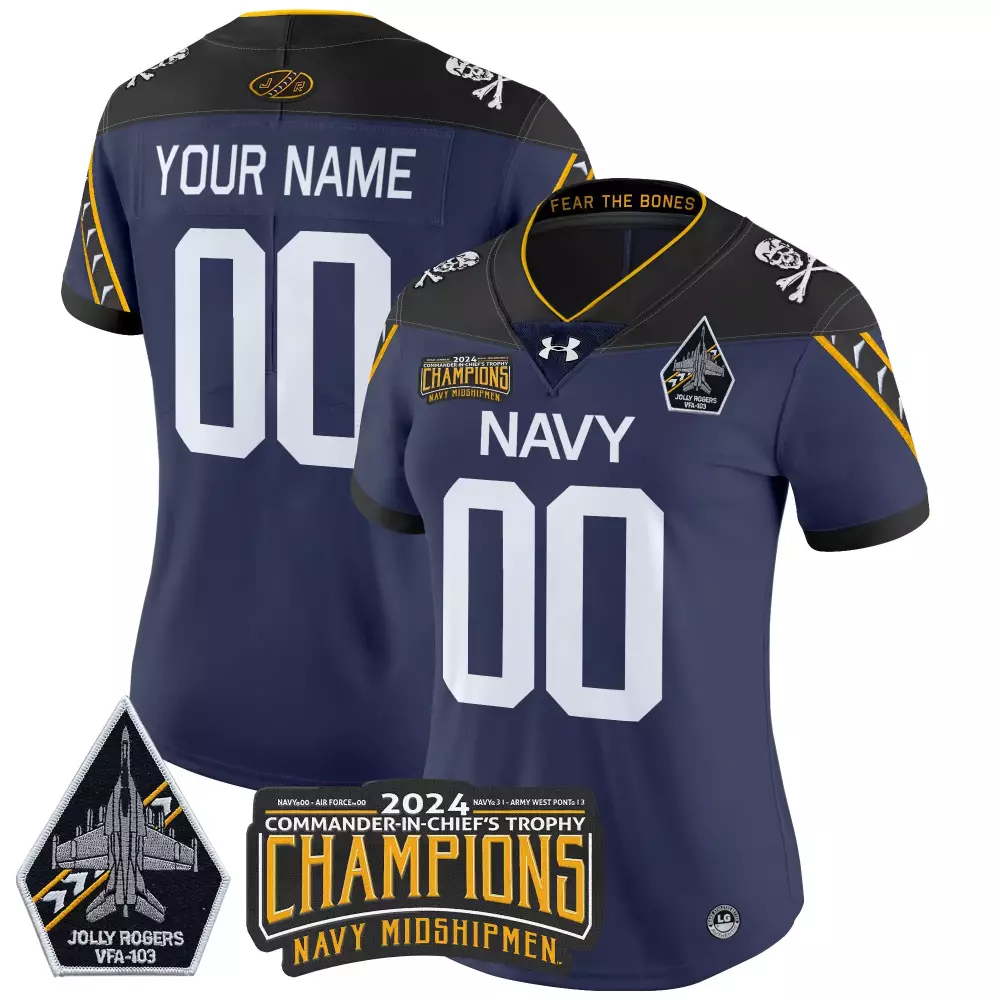 Navy Midshipmen Women'S Black 2024 Jolly Rogers All Stitched Custom Jersey Name Patch