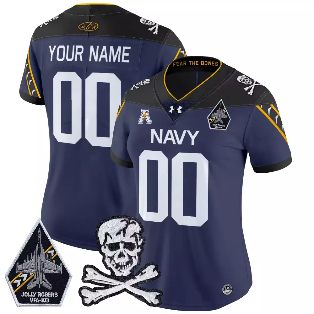 Navy Midshipmen Women'S Black 2024 Jolly Rogers All Stitched Custom Jersey Name Patch