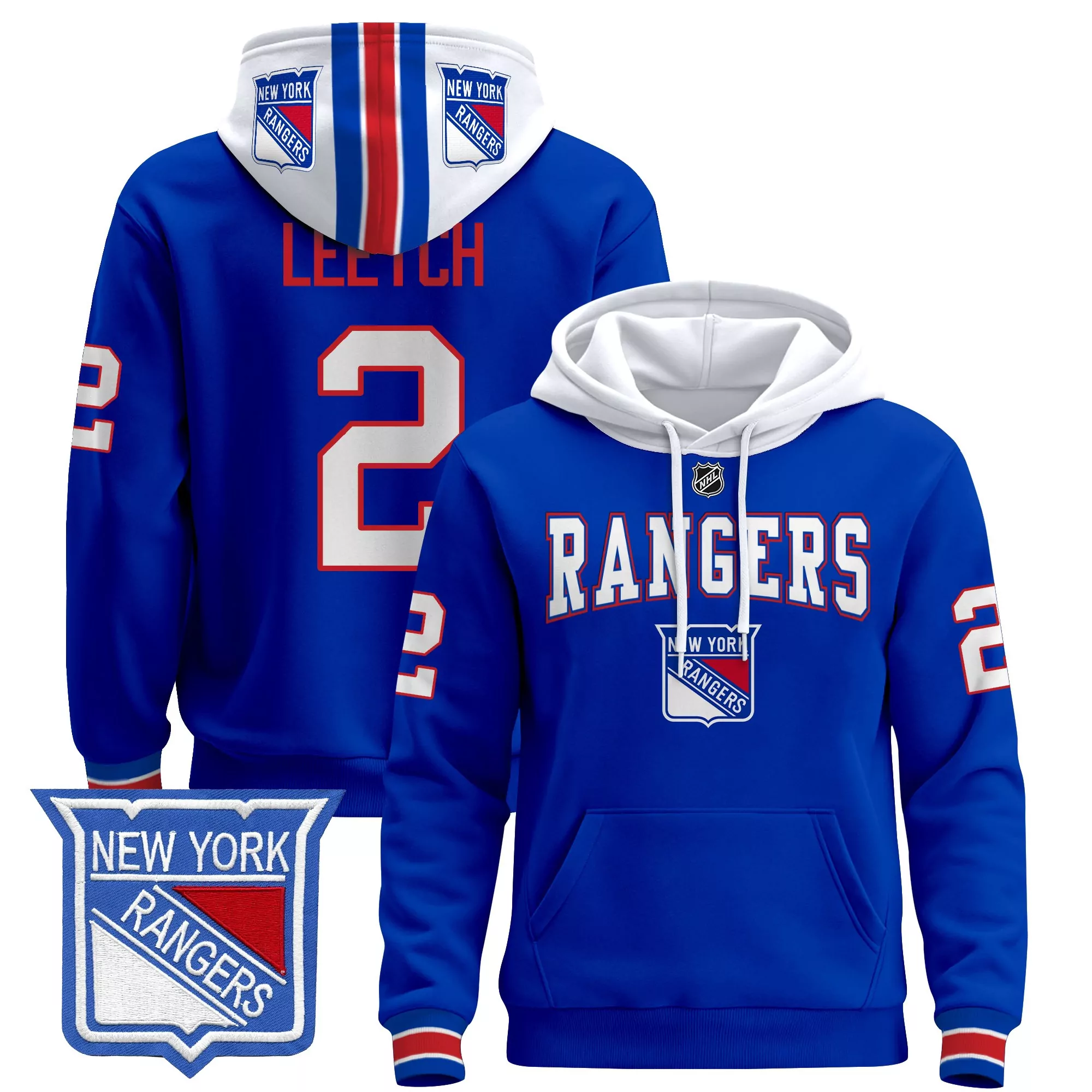 New York Rangers Leetch 2 Men'S Navy All Stitched Hoodie With Name Patch 2024