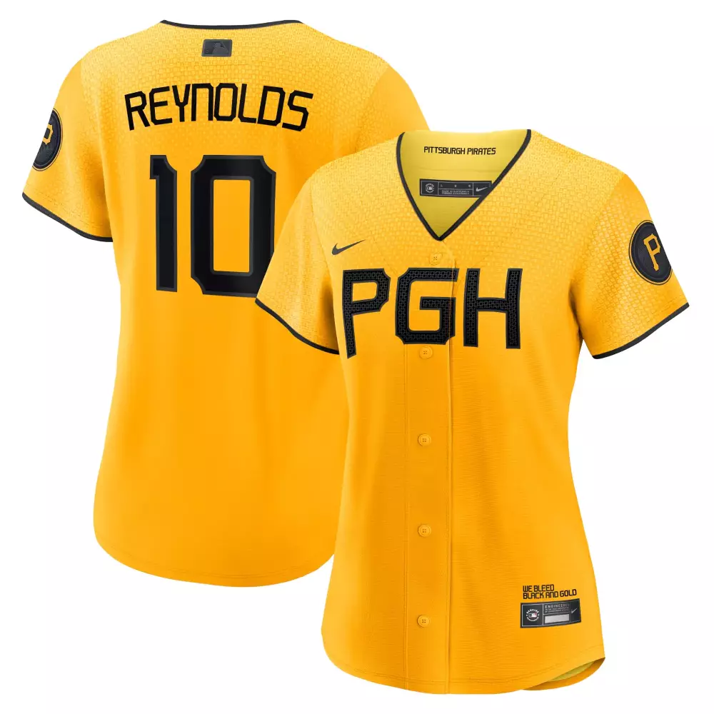 Pittsburgh Pirates 2025 Reynolds 10 Gold Women'S All Stitched Jersey Name Patch
