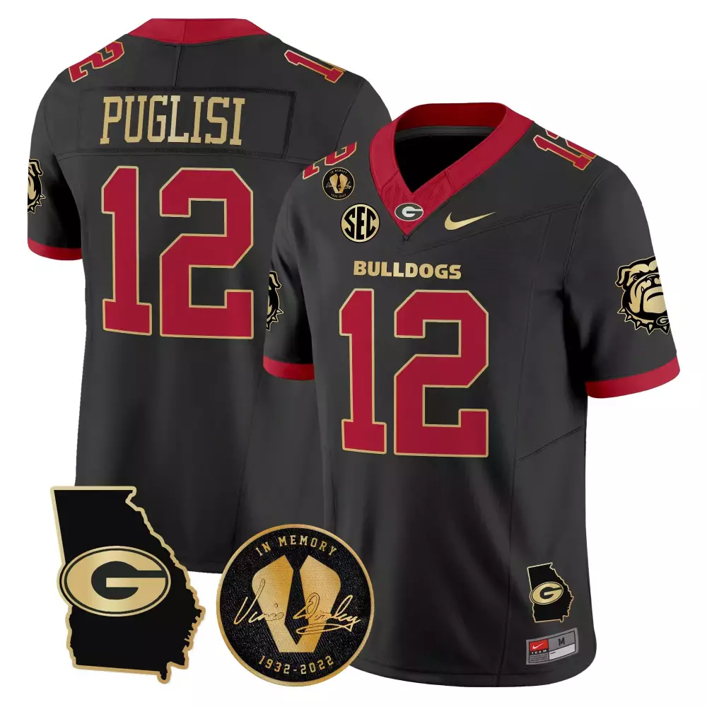 Puglisi 12 Men's Stitched Jersey | Black Georgia Bulldogs 2025 Vince Dooley Name Patch | For Men, Women & Youth