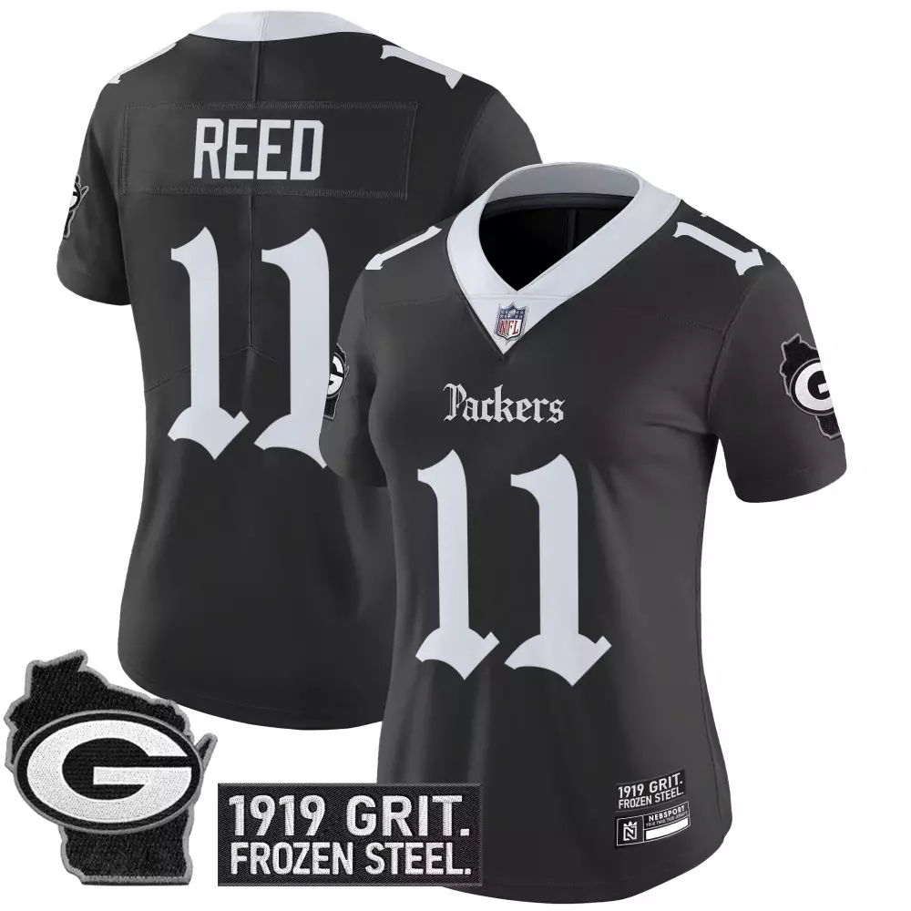 Reed 11 Women's Green Bay Packers Stitched Jersey | Black 1919 Grit Frozen Steel Edition 2023 | Replica Fan Gear | For Men, Women & Youth