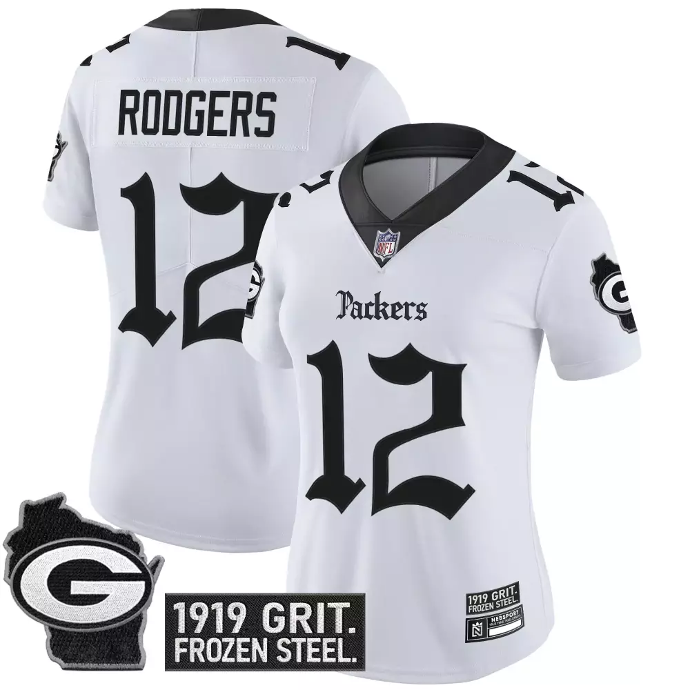 rodgers 12 women s vapor jersey green bay packers black 1919 grit frozen steel edition 2023