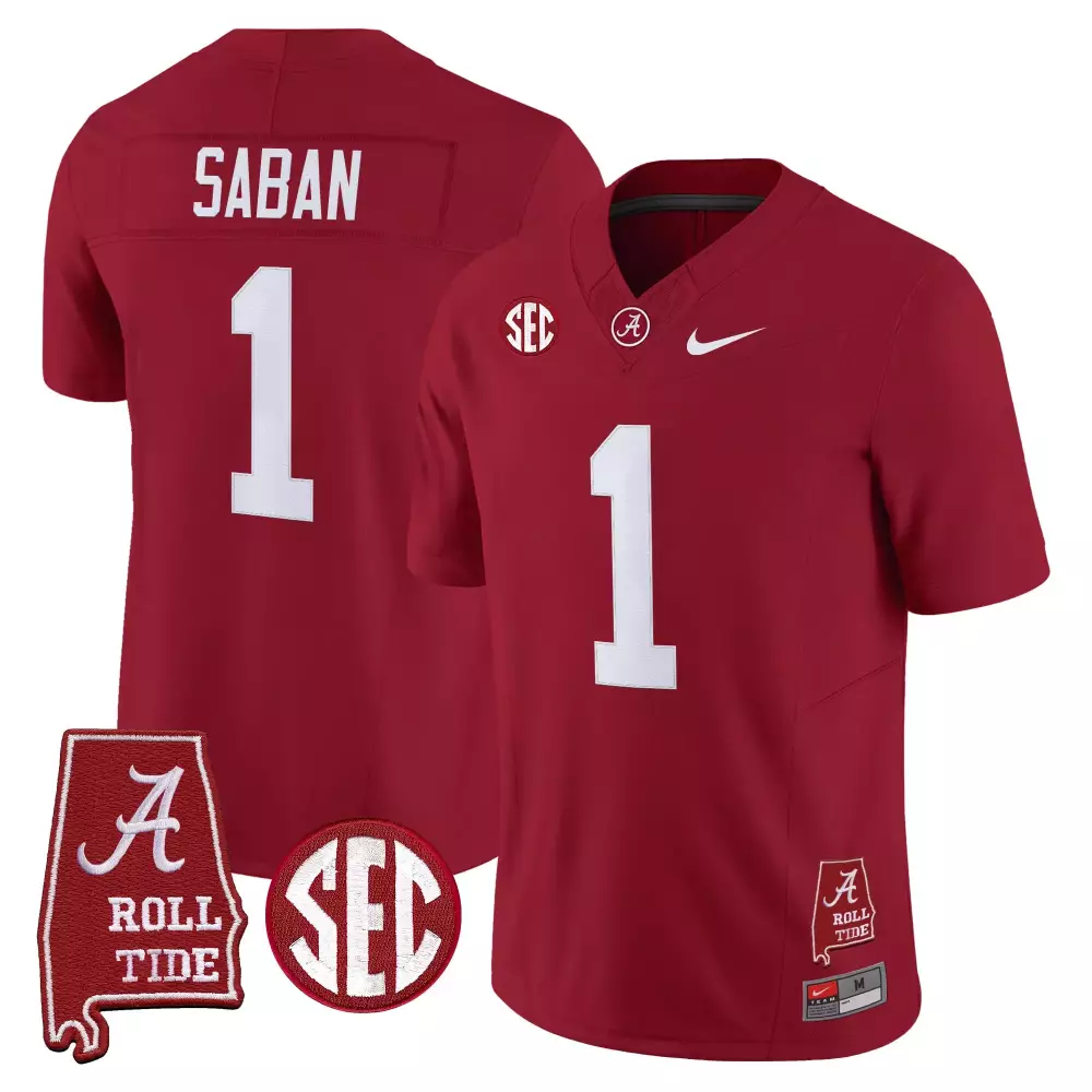 Saban 1 Alabama Crimson Tide 2025 Stitched Jersey | Red Name Patch | For Men, Women & Youth