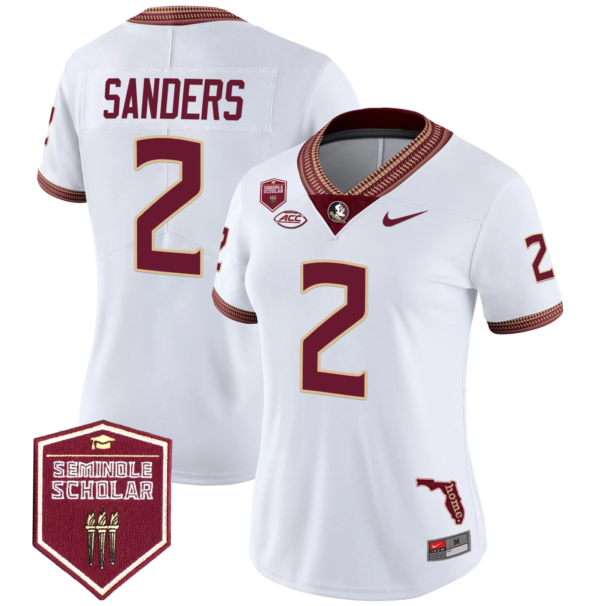 Sanders 2 Women'S White Stitched Jersey With Seminole Scholar Patch 2025 Florida State Seminoles