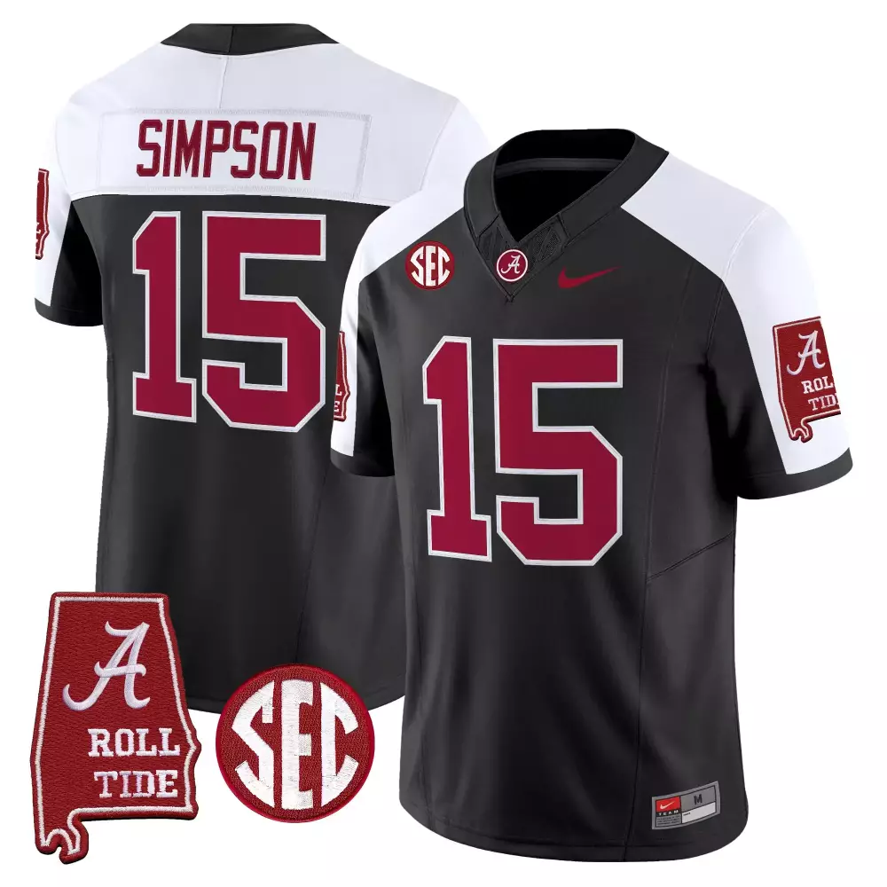 Simpson 15 Alabama Crimson Tide Black Stitched Jersey 2025 | Name Patch | Fan Gear for Men, Women & Youth