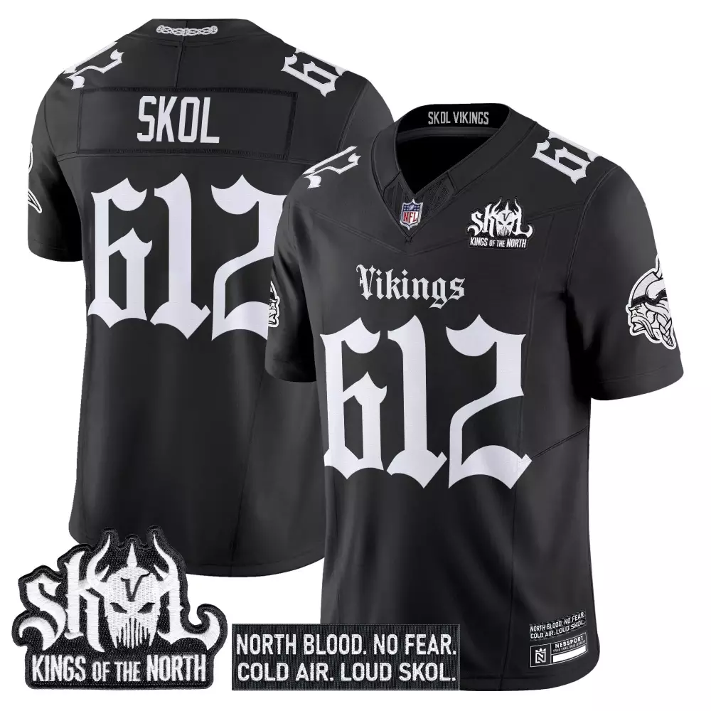 Minnesota Vikings Skol 612 Men's Black Stitched Jersey | Kings of the North Patch 2025 | Limited Edition Fan Gear for Men, Women & Youth