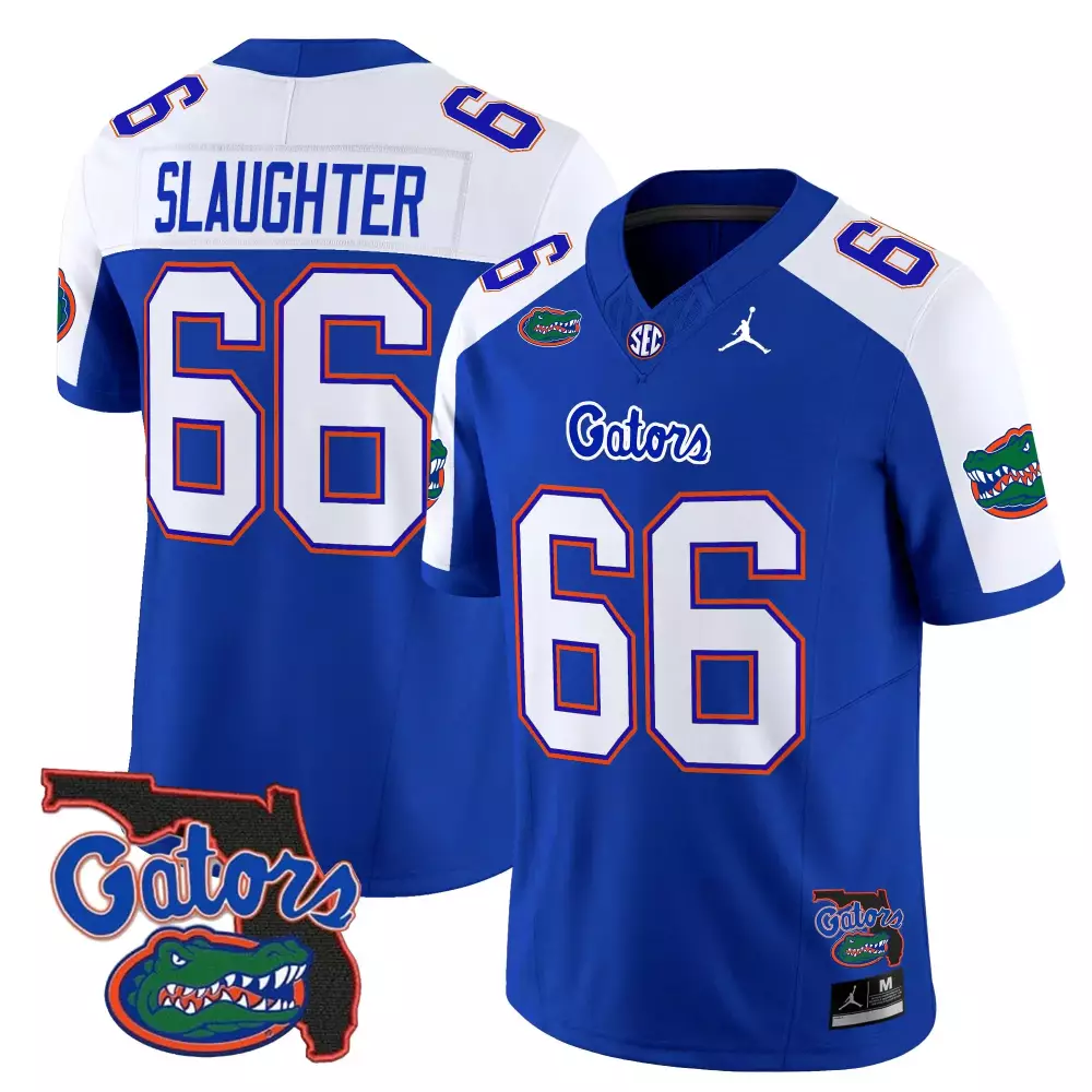 Slaughter 66 Stitched Jersey | White & Blue Florida Gators 2025 | Name Patch Fan Gear | For Men, Women & Youth