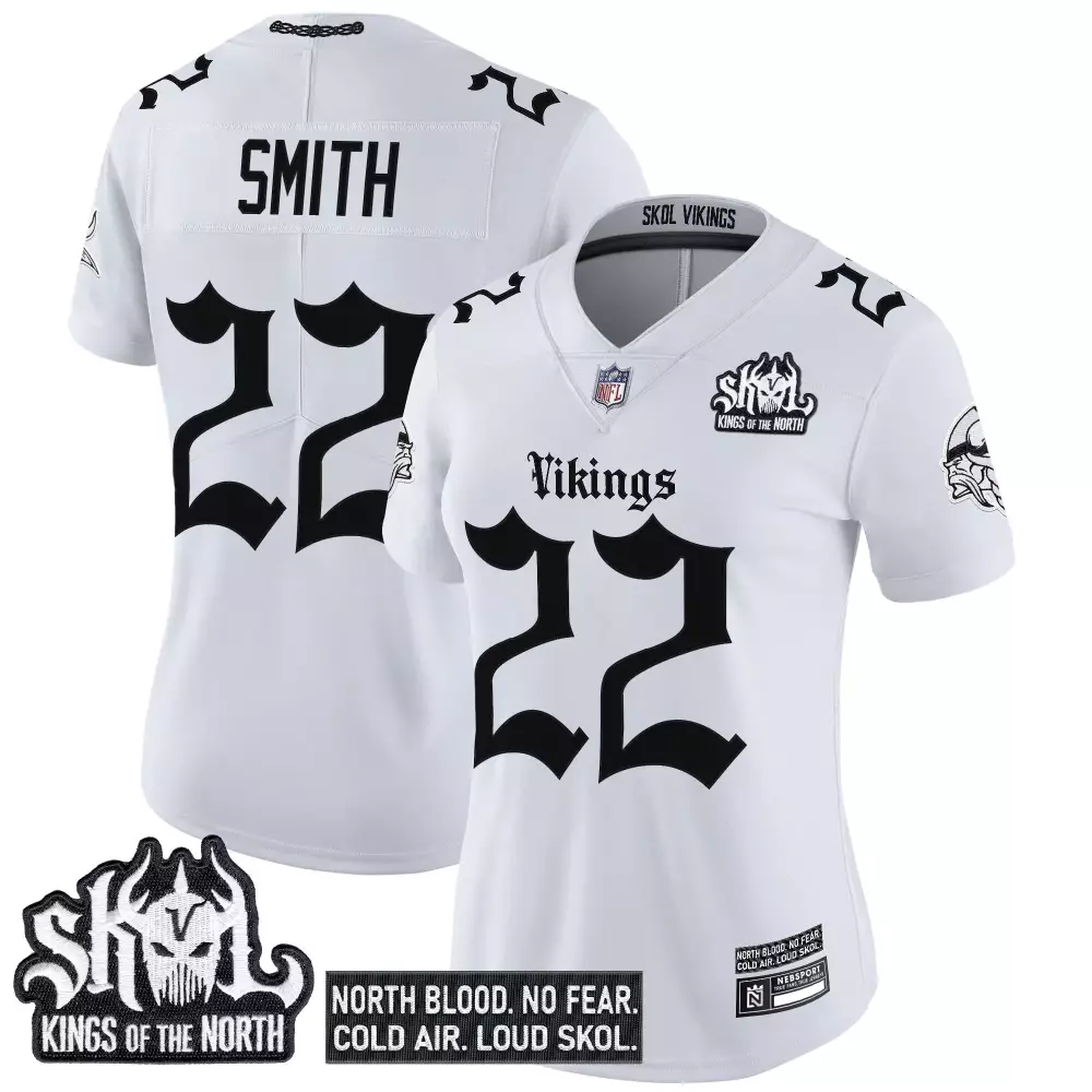 Smith 22 Minnesota Vikings 2023 Youth White Gold Jersey | All Stitched Vapor | Game Day Outfit for Kids