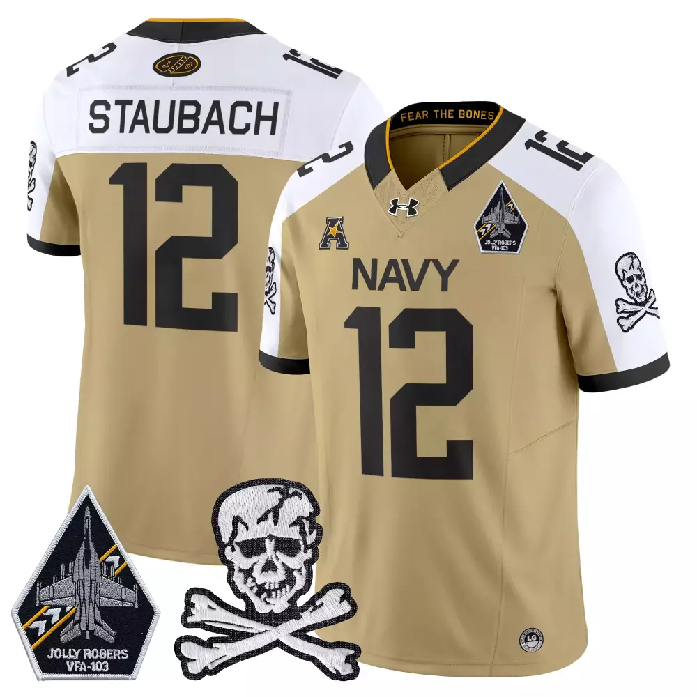 staubach 12 men s vapor jersey white navy midshipmen 2024 champions jolly rogers patch