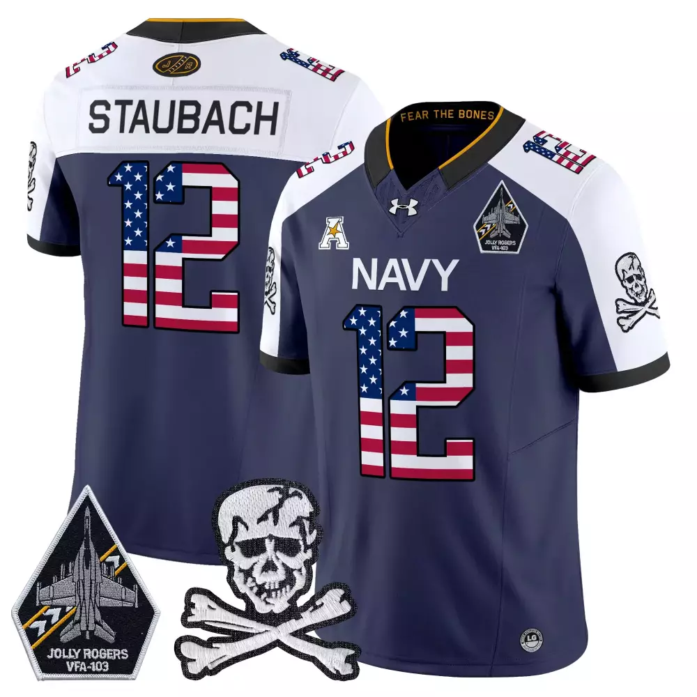 Staubach 12 Men's Navy Stitched Jersey | 2023 Independence Day with Jolly Rogers Patch | For Men, Women & Youth