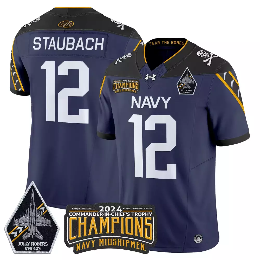 staubach 12 men s vapor jersey white navy midshipmen 2024 champions jolly rogers patch