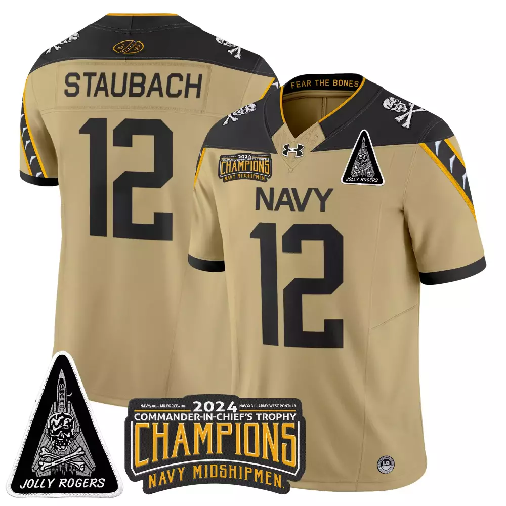 staubach 12 men s vapor jersey white navy midshipmen 2024 champions jolly rogers patch