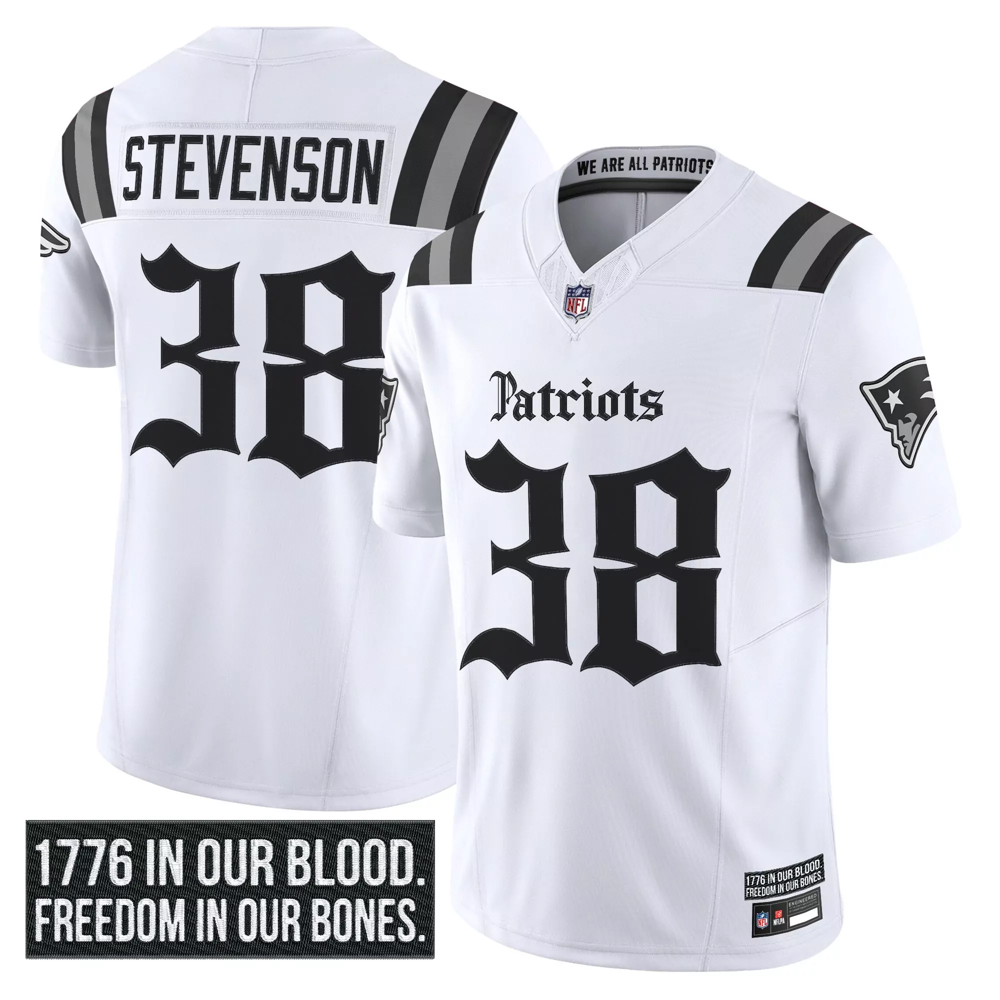 Stevenson 38 Men'S New England Patriots White Stitched Jersey 1776 Patch 2023 Edition