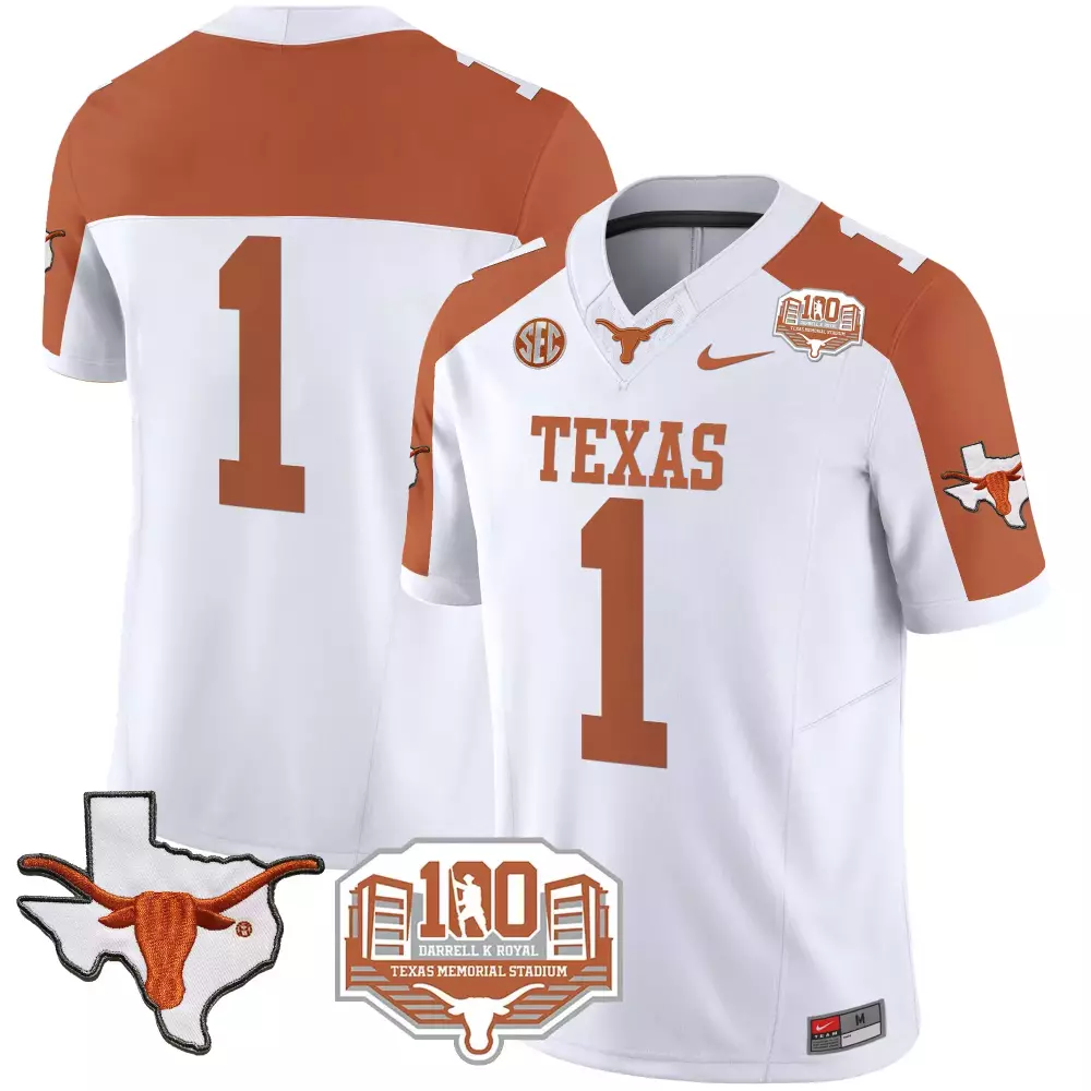 Texas Longhorns 1 Stitched Men's Jersey 2024 | White 100 Years of Darrell K Royal | Limited Edition Fan Gear | For Men, Women & Youth