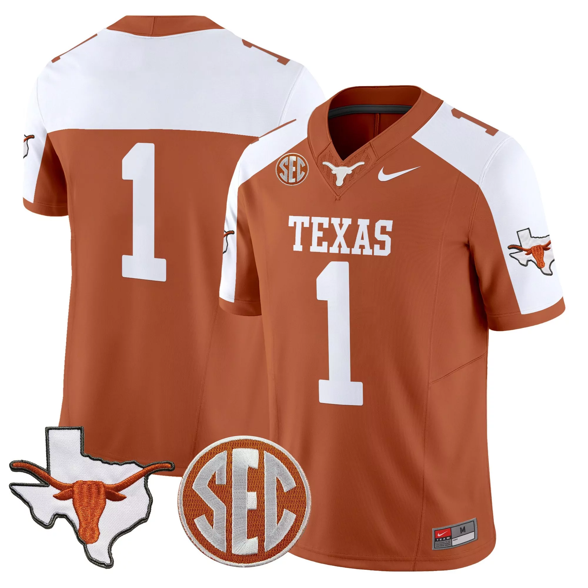 Texas Longhorns Men'S Stitched Jersey 1 Burnt Orange Sec Patch 2025 Name Patch