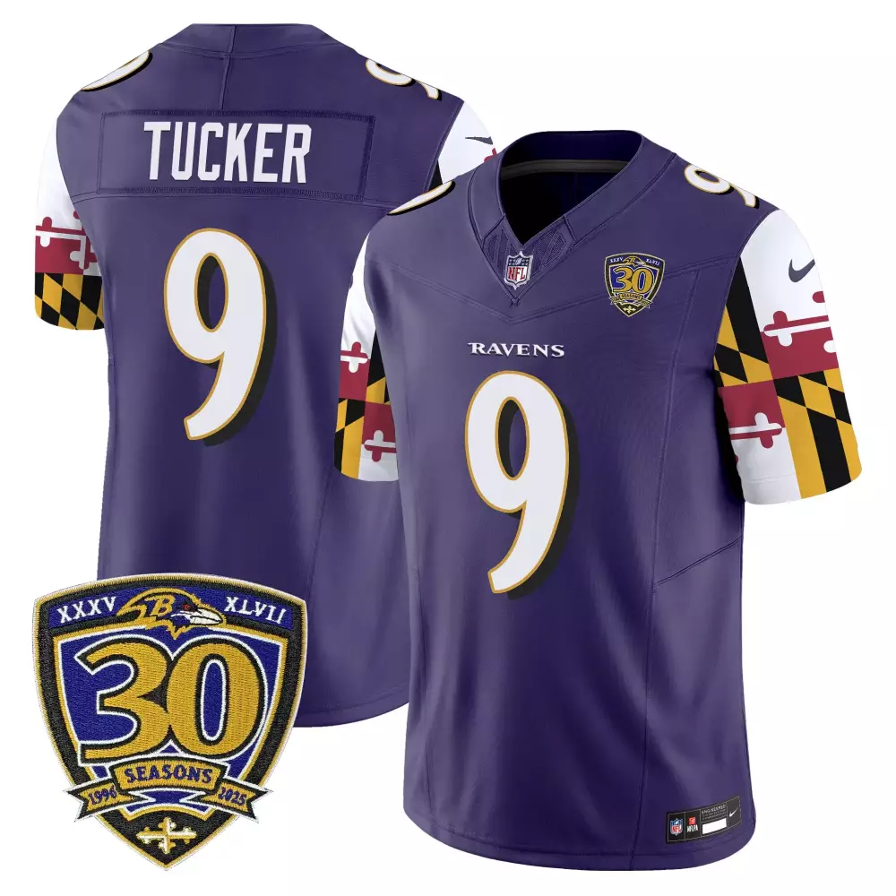 Tucker 9 Baltimore Ravens Men's Stitched Vapor Jersey | Purple Maryland Flag 30 Seasons 2023 | For Men, Women & Youth