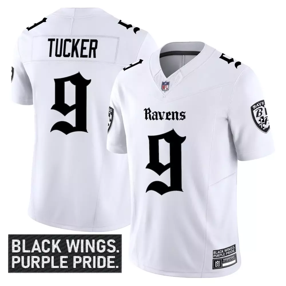 Tucker 9 Baltimore Ravens Men's White Stitched Jersey | Name Patch 2023 Edition | For Men, Women & Youth