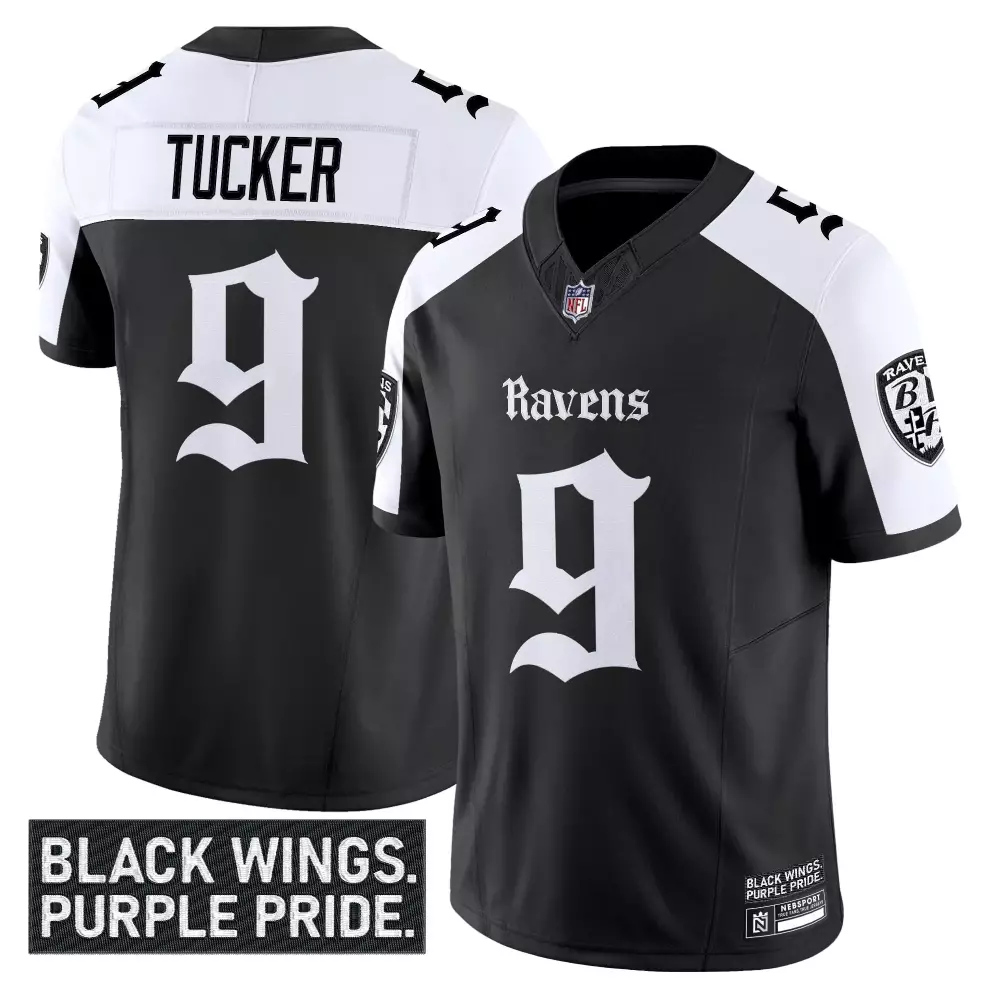 Tucker 9 Baltimore Ravens Men's White Stitched Jersey | Name Patch 2023 Edition | For Men, Women & Youth