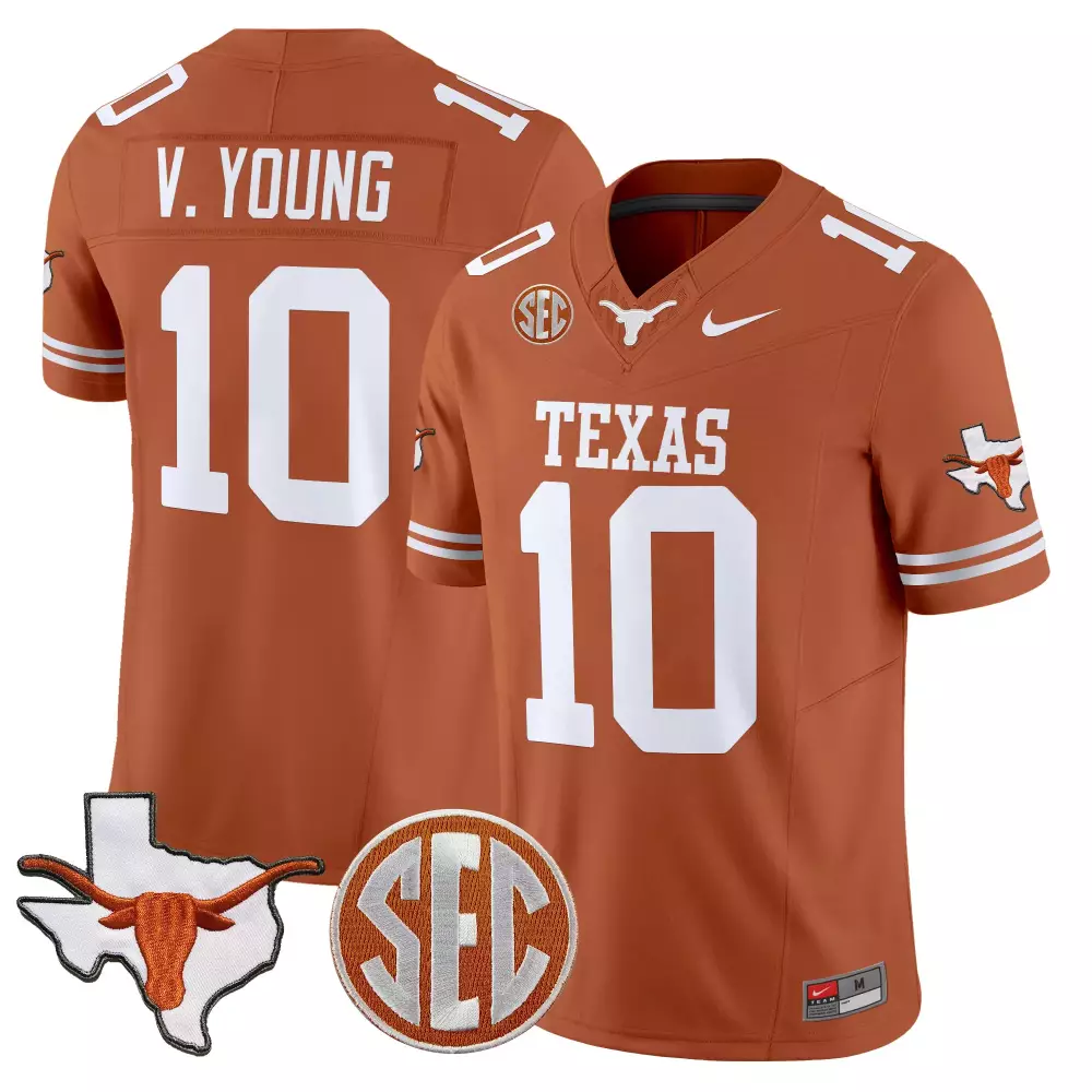 V Young 10 Men's Burnt Orange Stitched Vapor Jersey | Texas Longhorns SEC Patch | 2025 Fan Gear | For Men, Women & Youth