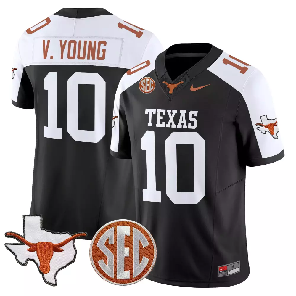 V Young 10 Men's Burnt Orange Stitched Vapor Jersey | Texas Longhorns SEC Patch | 2025 Fan Gear | For Men, Women & Youth