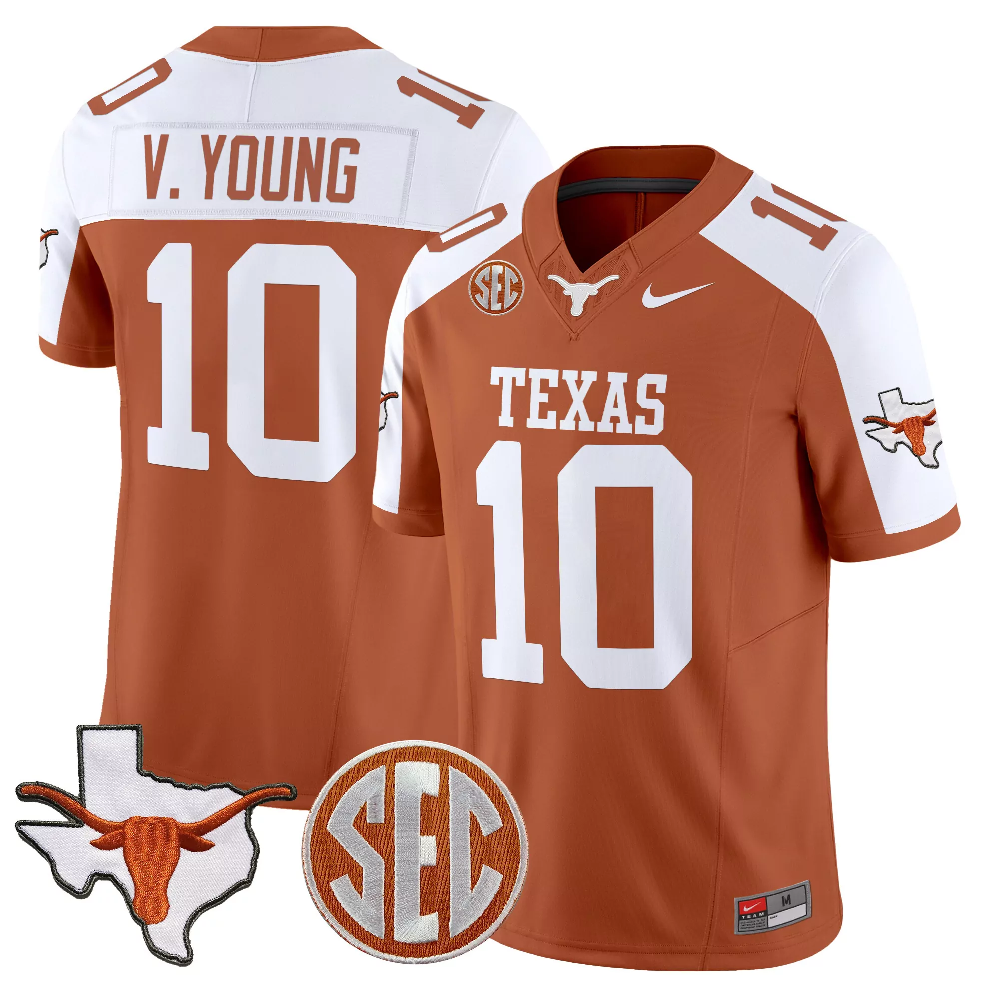 V Young 10 Men'S Texas Longhorns Orange Stitched Jersey With Patch Sec 2025