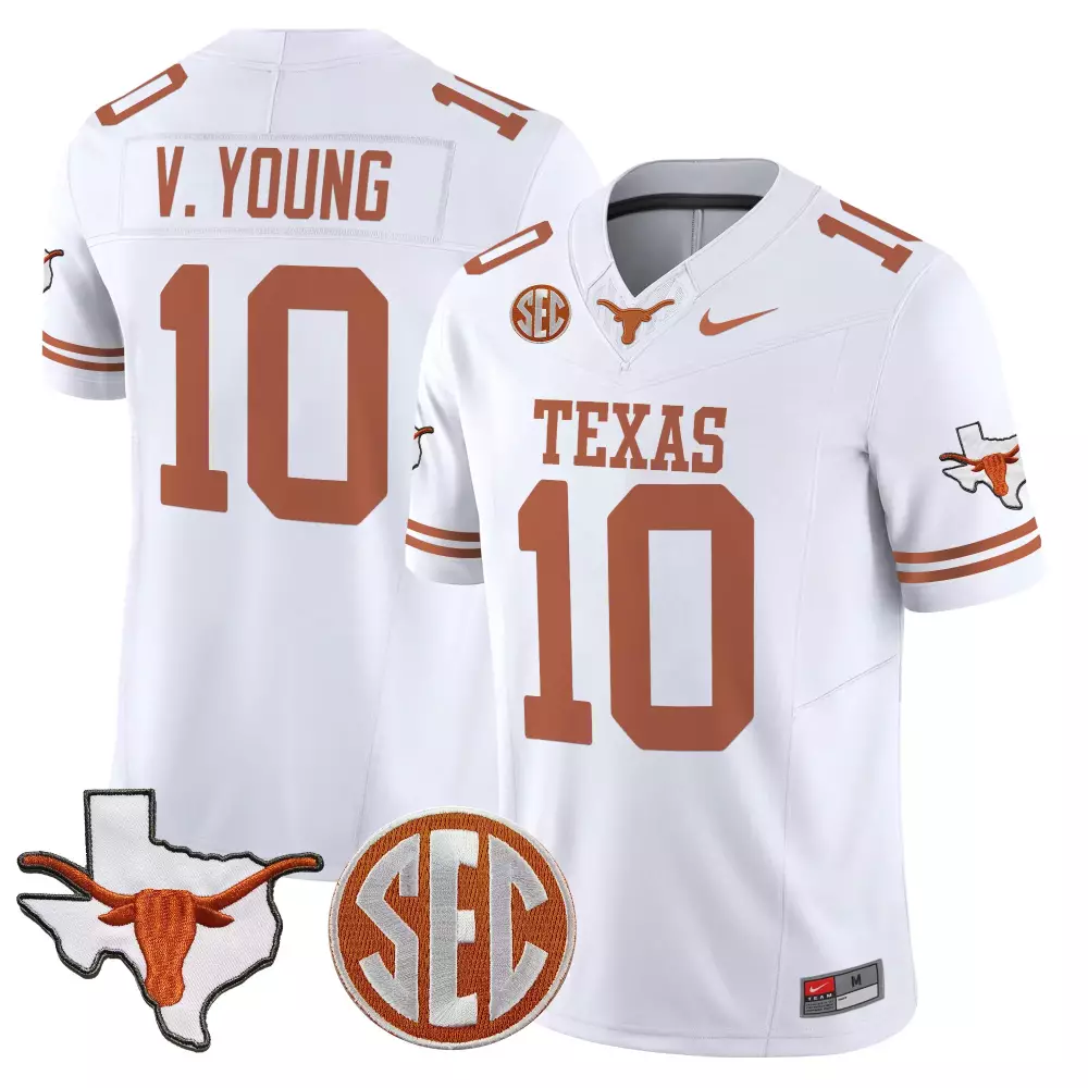 V Young 10 Men's White Stitched Vapor Jersey | Texas Longhorns SEC Patch | 2025 Fan Gear | For Men, Women & Youth