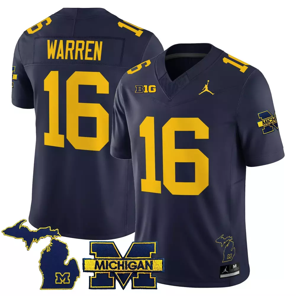 Warren 16 Michigan Wolverines Navy Stitched Jersey | 2023 National Champions Patch | Replica Fan Gear | For Men, Women & Youth